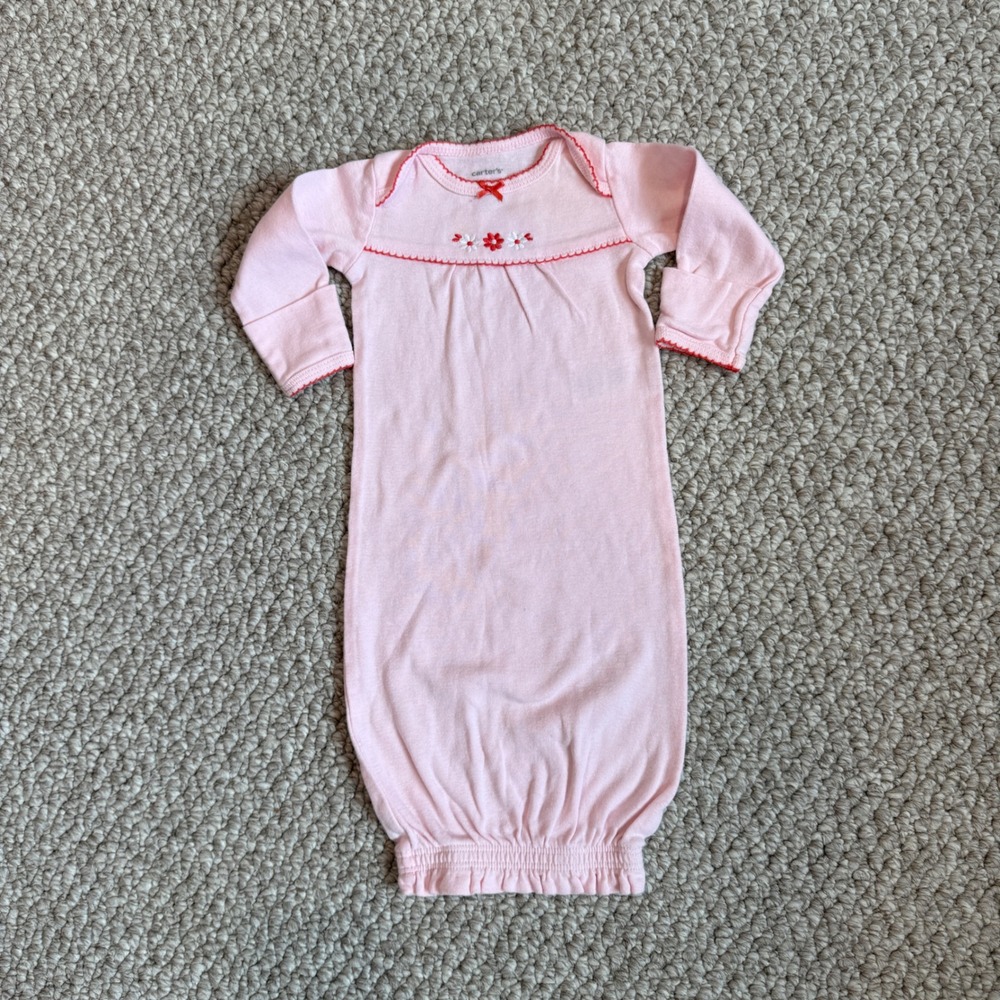 Carters Baby Girl Pink Floral Embroidered Sleep Gown One Size OS Long Sleeve